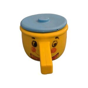 Rare Vintage The First Years Yellow Pot with Blue Lid 2338 Smiling Face Plastic
